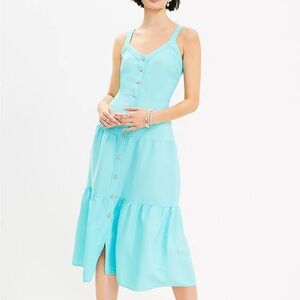 Loft Linen Blend Strappy Button Tiered Midi Dress (in Aqua glow blue) - NEW